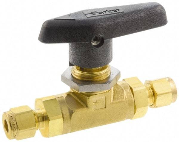 Parker - 3/8" Pipe, Brass, Inline, Two Way Flow, Instrumentation Ball Valve - 3,000 psi WOG Rating, Wedge Handle, PTFE Seal, PTFE Seat - Eagle Tool & Supply