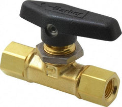Parker - 1/8" Pipe, FNPT x FNPT End Connections, Brass, Inline, Two Way Flow, Instrumentation Ball Valve - 3,000 psi WOG Rating, Wedge Handle, PTFE Seal, PTFE Seat - Eagle Tool & Supply