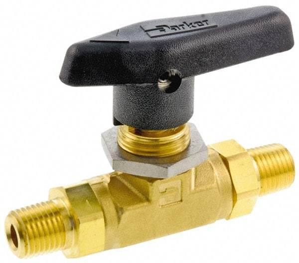 Parker - 3/8" Pipe, MNPT x MNPT End Connections, Brass, Inline, Two Way Flow, Instrumentation Ball Valve - 3,000 psi WOG Rating, Wedge Handle, PTFE Seal, PTFE Seat - Eagle Tool & Supply