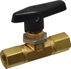 Parker - 1/4" Pipe, FNPT x FNPT End Connections, Brass, Inline, Two Way Flow, Instrumentation Ball Valve - 3,000 psi WOG Rating, Wedge Handle, PTFE Seal, PTFE Seat - Eagle Tool & Supply