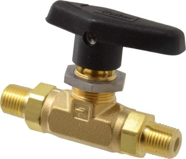 Parker - 1/4" Pipe, MNPT x MNPT End Connections, Brass, Inline, Two Way Flow, Instrumentation Ball Valve - 3,000 psi WOG Rating, Wedge Handle, PTFE Seal, PTFE Seat - Eagle Tool & Supply