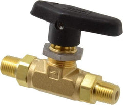 Parker - 1/4" Pipe, MNPT x MNPT End Connections, Brass, Inline, Two Way Flow, Instrumentation Ball Valve - 3,000 psi WOG Rating, Wedge Handle, PTFE Seal, PTFE Seat - Eagle Tool & Supply