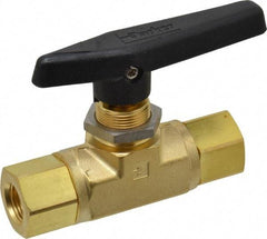 Parker - 3/8" Pipe, FNPT x FNPT End Connections, Brass, Inline, Two Way Flow, Instrumentation Ball Valve - 3,000 psi WOG Rating, Wedge Handle, PTFE Seal, PTFE Seat - Eagle Tool & Supply