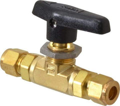 Parker - 3/8" Pipe, Compression x Compression CPI End Connections, Brass, Inline, Two Way Flow, Instrumentation Ball Valve - 3,000 psi WOG Rating, Wedge Handle, PTFE Seal, PTFE Seat - Eagle Tool & Supply