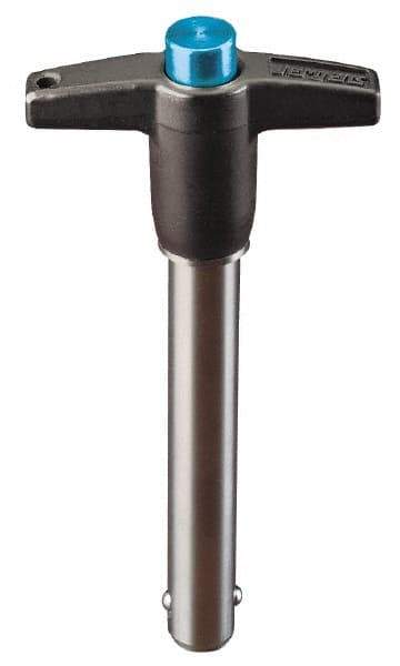 Jergens - 12mm Diam, 70mm Usable Length, T Handle, Push Button Quick Release Pin - 121.9mm Overall Length, Grade 17-4 Stainless Steel, Passivated Finish - Eagle Tool & Supply