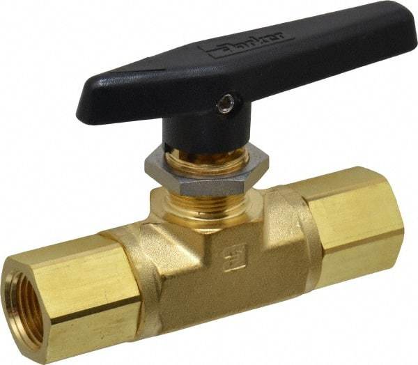Parker - 1/2" Pipe, FNPT x FNPT End Connections, Brass, Inline, Two Way Flow, Instrumentation Ball Valve - 3,000 psi WOG Rating, Wedge Handle, PTFE Seal, PTFE Seat - Eagle Tool & Supply