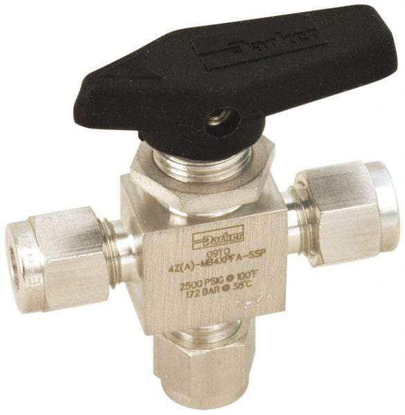 Parker - 1/8" Pipe, Stainless Steel, Three Way, Instrumentation Ball Valve - 2,500 psi WOG Rating, Wedge Handle, PFA Seat - Eagle Tool & Supply