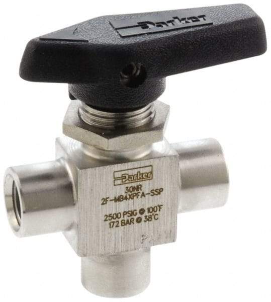Parker - 1/8" Pipe, FNPT x FNPT x FNPT End Connections, Stainless Steel, Three Way, Instrumentation Ball Valve - 2,500 psi WOG Rating, Wedge Handle, PFA Seat - Eagle Tool & Supply
