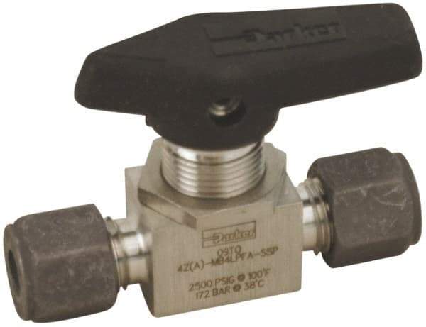 Parker - 1/4" Pipe, Compression x Compression CPI End Connections, Stainless Steel, Inline, Two Way Flow, Instrumentation Ball Valve - 2,500 psi WOG Rating, Wedge Handle, PFA Seat - Eagle Tool & Supply