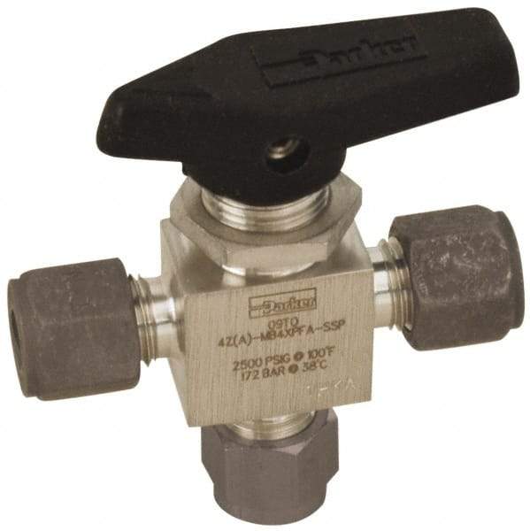 Parker - 1/8" Pipe, Compression x Compression x Compression CPI End Connections, Stainless Steel, Three Way, Instrumentation Ball Valve - 2,500 psi WOG Rating, Wedge Handle, PFA Seat - Eagle Tool & Supply