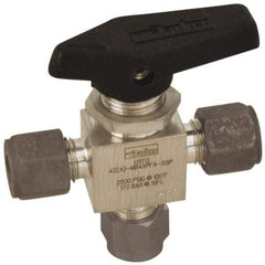 Parker - 3/8" Pipe, Compression x Compression x Compression CPI End Connections, Stainless Steel, Three Way, Instrumentation Ball Valve - 3,000 psi WOG Rating, Wedge Handle, PFA Seat - Eagle Tool & Supply