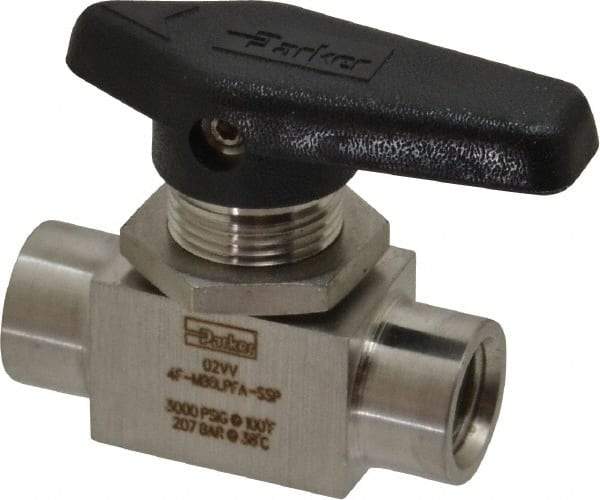 Parker - 1/4" Pipe, FNPT x FNPT End Connections, Stainless Steel, Inline, Two Way Flow, Instrumentation Ball Valve - 3,000 psi WOG Rating, Wedge Handle, PFA Seat - Eagle Tool & Supply