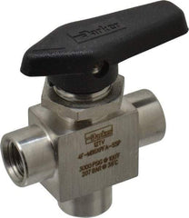 Parker - 1/4" Pipe, FNPT x FNPT x FNPT End Connections, Stainless Steel, Three Way, Instrumentation Ball Valve - 3,000 psi WOG Rating, Wedge Handle, PFA Seat - Eagle Tool & Supply