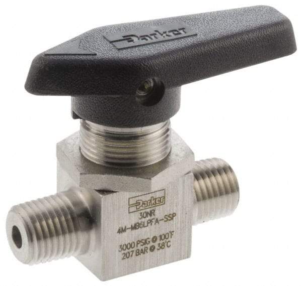 Parker - 1/4" Pipe, MNPT x MNPT End Connections, Stainless Steel, Inline, Two Way Flow, Instrumentation Ball Valve - 3,000 psi WOG Rating, Wedge Handle, PFA Seat - Eagle Tool & Supply