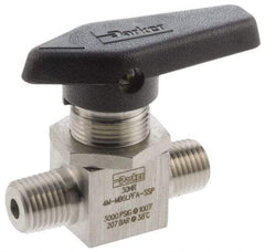 Parker - 1/4" Pipe, MNPT x MNPT End Connections, Stainless Steel, Inline, Two Way Flow, Instrumentation Ball Valve - 3,000 psi WOG Rating, Wedge Handle, PFA Seat - Eagle Tool & Supply