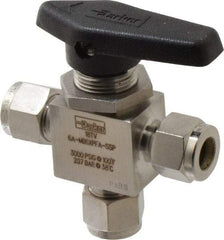 Parker - 3/8" Pipe, Stainless Steel, Three Way, Instrumentation Ball Valve - 3,000 psi WOG Rating, Wedge Handle, PFA Seat - Eagle Tool & Supply