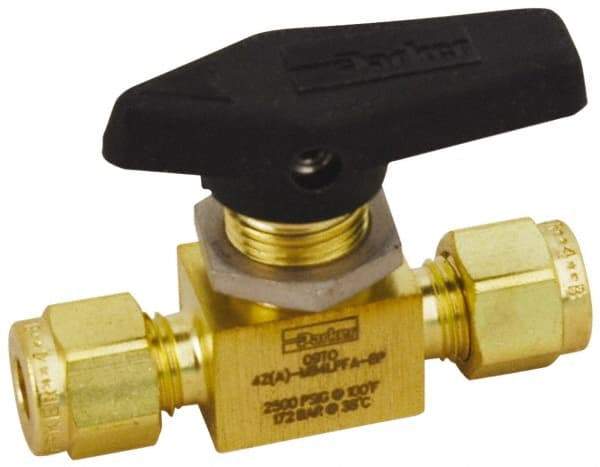 Parker - 1/8" Pipe, Brass, Inline, Two Way Flow, Instrumentation Ball Valve - 2,500 psi WOG Rating, Wedge Handle, PFA Seat - Eagle Tool & Supply