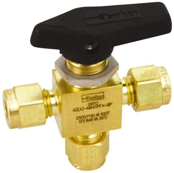 Parker - 3/8" Pipe, Brass, Three Way, Instrumentation Ball Valve - 3,000 psi WOG Rating, Wedge Handle, PFA Seat - Eagle Tool & Supply