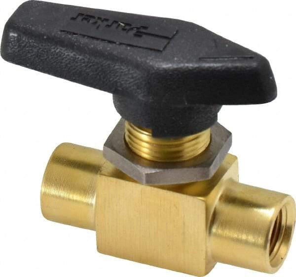 Parker - 1/8" Pipe, FNPT x FNPT End Connections, Brass, Inline, Two Way Flow, Instrumentation Ball Valve - 2,500 psi WOG Rating, Wedge Handle, PFA Seat - Eagle Tool & Supply