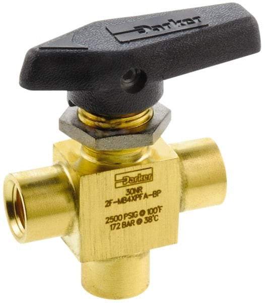 Parker - 1/8" Pipe, FNPT x FNPT x FNPT End Connections, Brass, Three Way, Instrumentation Ball Valve - 2,500 psi WOG Rating, Wedge Handle, PFA Seat - Eagle Tool & Supply