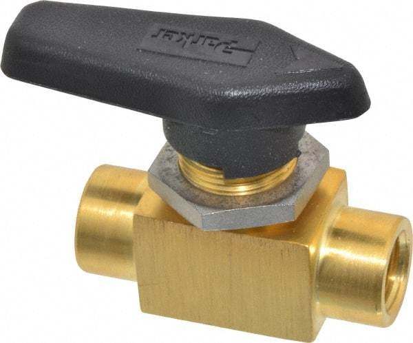 Parker - 1/4" Pipe, FNPT x FNPT End Connections, Brass, Inline, Two Way Flow, Instrumentation Ball Valve - 3,000 psi WOG Rating, Wedge Handle, PFA Seat - Eagle Tool & Supply