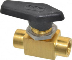 Parker - 1/4" Pipe, FNPT x FNPT End Connections, Brass, Inline, Two Way Flow, Instrumentation Ball Valve - 3,000 psi WOG Rating, Wedge Handle, PFA Seat - Eagle Tool & Supply