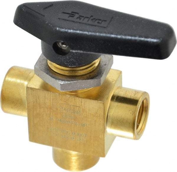 Parker - 1/4" Pipe, FNPT x FNPT x FNPT End Connections, Brass, Three Way, Instrumentation Ball Valve - 3,000 psi WOG Rating, Wedge Handle, PFA Seat - Eagle Tool & Supply