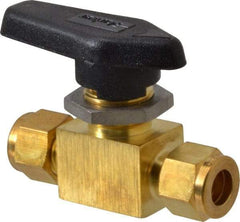 Parker - 3/8" Pipe, Brass, Inline, Two Way Flow, Instrumentation Ball Valve - 3,000 psi WOG Rating, Wedge Handle, PFA Seat - Eagle Tool & Supply