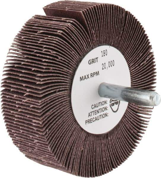 Merit Abrasives - 3" Diam x 1" Face Width, Very Fine Aluminum Oxide Coated Mounted Flap Wheel - 1/4" Shank Mount, 180 Grit, 30,000 Max RPM - Eagle Tool & Supply