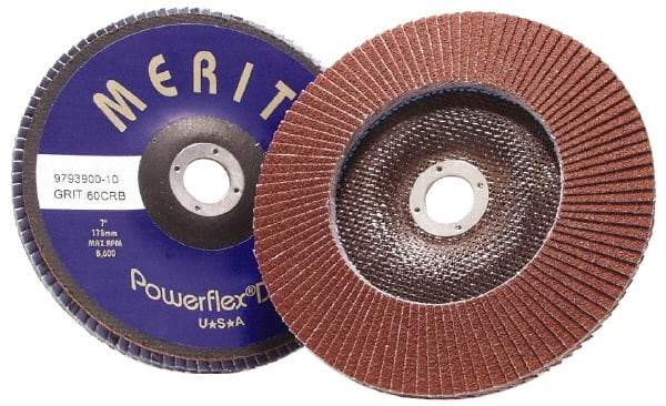 Merit Abrasives - 40 Grit, 7" Disc Diam, 7/8" Center Hole, Type 29 Ceramic Flap Disc - 8,600 Max RPM, Coated - Eagle Tool & Supply