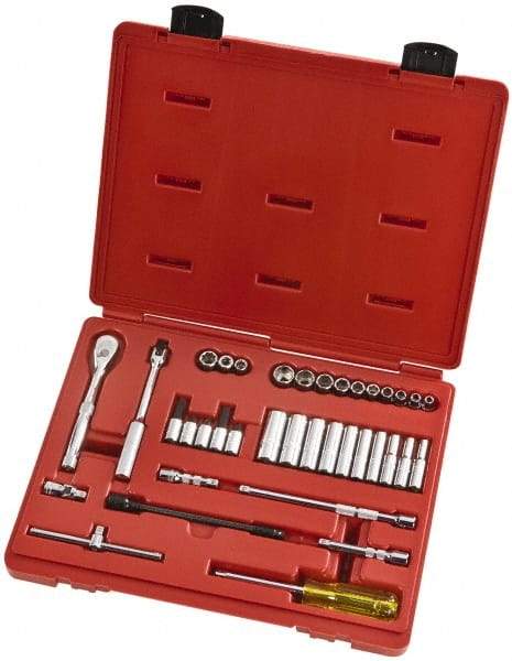 Proto - 37 Piece 1/4" Drive Full Polish Finish Deep Well Socket Set - 6, 8 Points, 3/16" to 9/16" Range, Inch Measurement Standard - Eagle Tool & Supply
