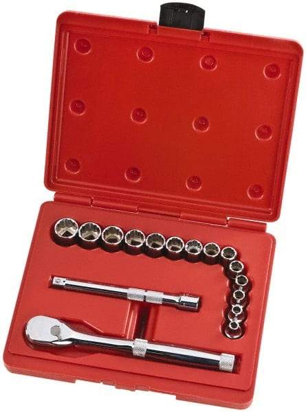Proto - 16 Piece 3/8" Drive Full Polish Finish Socket Set - 12 Points, 6mm to 19mm Range, Metric Measurement Standard - Eagle Tool & Supply