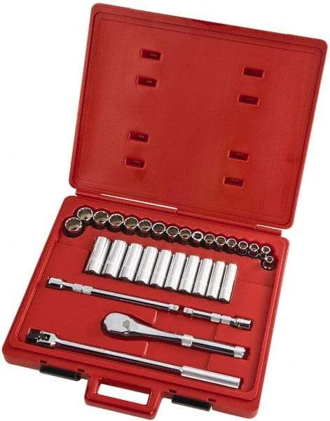 Proto - 31 Piece 1/2" Drive Full Polish Finish Deep Well Socket Set - 12 Points, 10mm to 26mm Range, Metric Measurement Standard - Eagle Tool & Supply