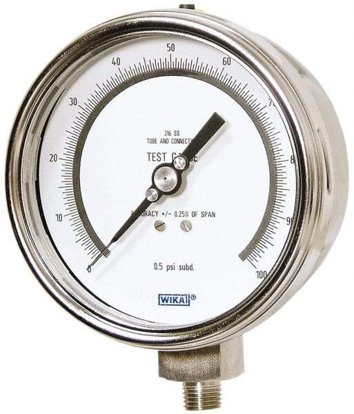 Wika - 4" Dial, 1/4 Thread, 0-100 Scale Range, Pressure Gauge - Lower Connection Mount, Accurate to 0.25% of Scale - Eagle Tool & Supply