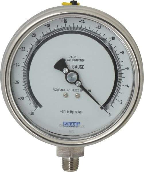 Wika - 4" Dial, 1/4 Thread, 30-0 Scale Range, Pressure Gauge - Lower Connection Mount, Accurate to 0.25% of Scale - Eagle Tool & Supply