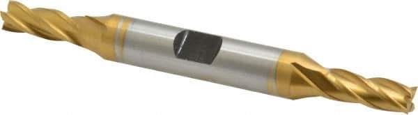 Hertel - 1/4", 5/8" LOC, 3/8" Shank Diam, 3-3/8" OAL, 4 Flute, Cobalt Square End Mill - Double End, TiN Finish, Spiral Flute, 30° Helix, Centercutting, Right Hand Cut, Right Hand Flute - Eagle Tool & Supply