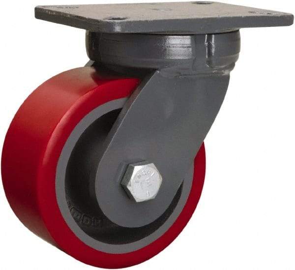 Hamilton - 6" Diam x 3" Wide x 8" OAH Top Plate Mount Swivel Caster - Polyurethane Mold onto Cast Iron Center, 2,600 Lb Capacity, Sealed Precision Ball Bearing, 5-1/4 x 7-1/4" Plate - Eagle Tool & Supply