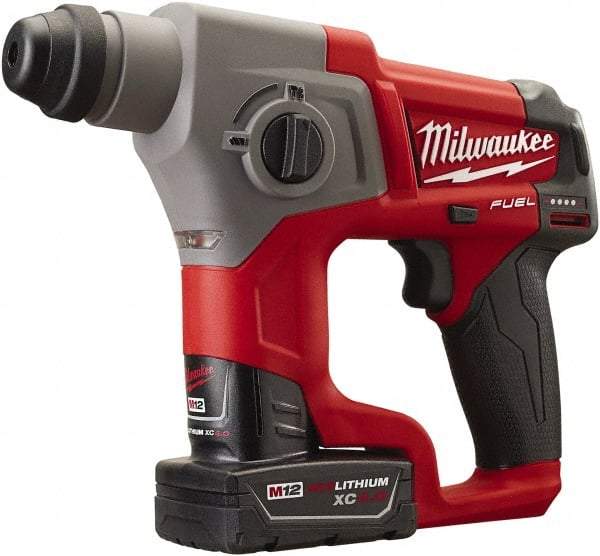 Milwaukee Tool - 12 Volt SDS Plus Chuck Cordless Rotary Hammer - 0 to 6,200 BPM, 0 to 900 RPM, Reversible - Eagle Tool & Supply