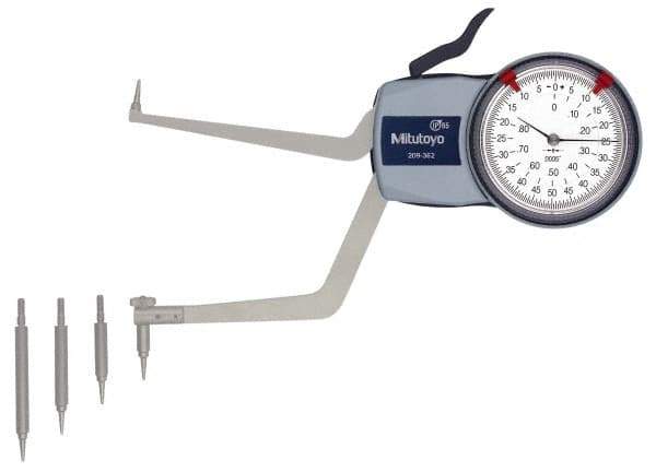 Mitutoyo - 3.6 to 5.6" Inside Dial Caliper Gage - 0.0005" Graduation, 0.0015" Accuracy, 3.3" Leg Length, 0.31" Deep x 0.06" Wide Groove, Ball Contact Points - Eagle Tool & Supply