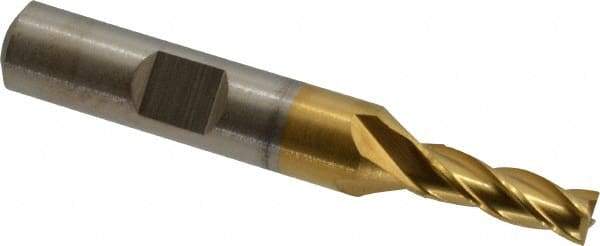 Cleveland - 7/32", 5/8" LOC, 3/8" Shank Diam, 2-7/16" OAL, 4 Flute, High Speed Steel Square End Mill - Single End, TiN Finish, Spiral Flute, 30° Helix, Centercutting, Right Hand Cut, Right Hand Flute, Series HG-4C - Eagle Tool & Supply