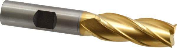 Cleveland - 9/16", 1-3/8" LOC, 1/2" Shank Diam, 3-3/8" OAL, 4 Flute, High Speed Steel Square End Mill - Single End, TiN Finish, Spiral Flute, 30° Helix, Centercutting, Right Hand Cut, Right Hand Flute, Series HG-4C - Eagle Tool & Supply