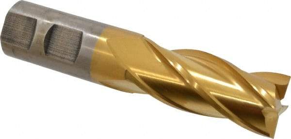 Cleveland - 7/8", 1-7/8" LOC, 7/8" Shank Diam, 4-1/8" OAL, 4 Flute, High Speed Steel Square End Mill - Single End, TiN Finish, Spiral Flute, 30° Helix, Centercutting, Right Hand Cut, Right Hand Flute, Series HG-4C - Eagle Tool & Supply