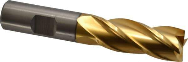 Cleveland - 11/16", 1-5/8" LOC, 5/8" Shank Diam, 3-3/4" OAL, 4 Flute, High Speed Steel Square End Mill - Single End, TiN Finish, Spiral Flute, 30° Helix, Centercutting, Right Hand Cut, Right Hand Flute, Series HG-4C - Eagle Tool & Supply