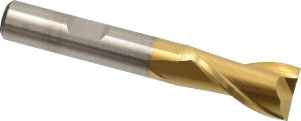 Cleveland - 1/2", 13/16" LOC, 3/8" Shank Diam, 2-11/16" OAL, 2 Flute, High Speed Steel Square End Mill - Single End, TiN Finish, Spiral Flute, 30° Helix, Centercutting, Right Hand Cut, Right Hand Flute, Series HG-2 - Eagle Tool & Supply