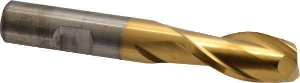 Cleveland - 9/16", 1-1/8" LOC, 1/2" Shank Diam, 3-3/8" OAL, 2 Flute, High Speed Steel Square End Mill - Single End, TiN Finish, Spiral Flute, 30° Helix, Centercutting, Right Hand Cut, Right Hand Flute, Series HG-2 - Eagle Tool & Supply