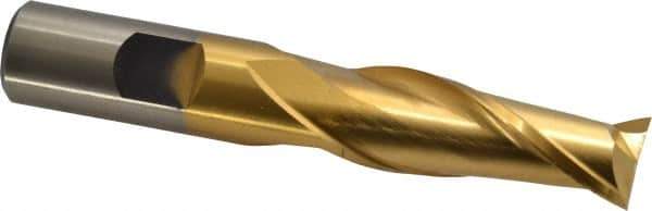 Cleveland - 5/8", 1-5/16" LOC, 5/8" Shank Diam, 3-3/4" OAL, 2 Flute, High Speed Steel Square End Mill - Single End, TiN Finish, Spiral Flute, 30° Helix, Centercutting, Right Hand Cut, Right Hand Flute, Series HG-2 - Eagle Tool & Supply