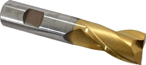 Cleveland - 7/8", 1-1/2" LOC, 3/4" Shank Diam, 4-1/8" OAL, 2 Flute, High Speed Steel Square End Mill - Single End, TiN Finish, Spiral Flute, 30° Helix, Centercutting, Right Hand Cut, Right Hand Flute, Series HG-2 - Eagle Tool & Supply