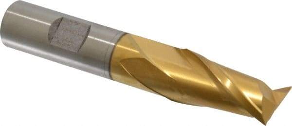 Cleveland - 11/16", 1-5/16" LOC, 5/8" Shank Diam, 3-3/4" OAL, 2 Flute, High Speed Steel Square End Mill - Single End, TiN Finish, Spiral Flute, 30° Helix, Centercutting, Right Hand Cut, Right Hand Flute, Series HG-2 - Eagle Tool & Supply
