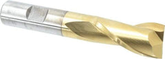 Cleveland - 13/16", 1-1/2" LOC, 5/8" Shank Diam, 4" OAL, 2 Flute, High Speed Steel Square End Mill - Single End, TiN Finish, Spiral Flute, 30° Helix, Centercutting, Right Hand Cut, Right Hand Flute, Series HG-2 - Eagle Tool & Supply