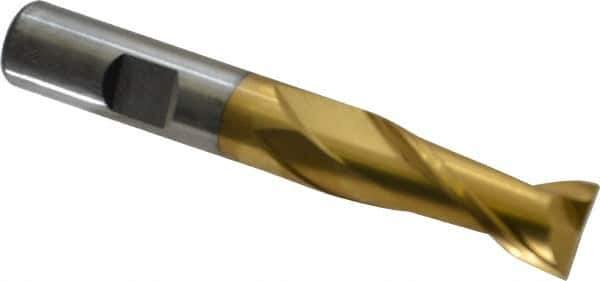 Cleveland - 17/32", 1-1/8" LOC, 1/2" Shank Diam, 3-3/8" OAL, 2 Flute, High Speed Steel Square End Mill - Single End, TiN Finish, Spiral Flute, 30° Helix, Centercutting, Right Hand Cut, Right Hand Flute, Series HG-2 - Eagle Tool & Supply